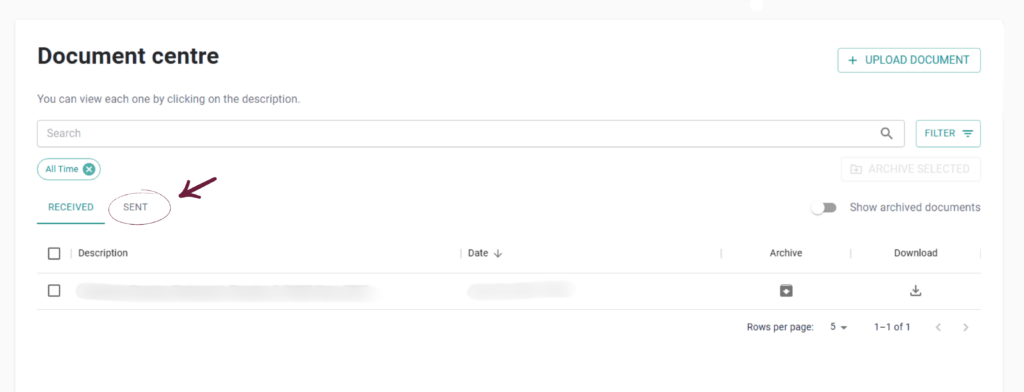 Screenshot showing how to see your sent documents in Online Services